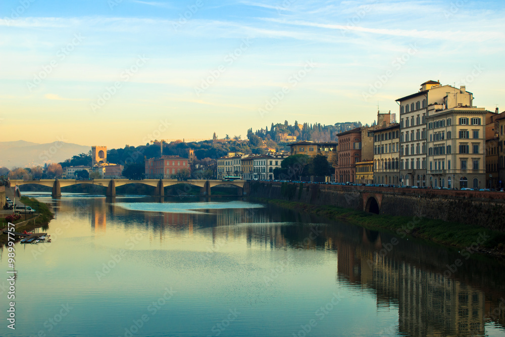 Cityscape of Florence and Arno river seen from Ponte Vecchio