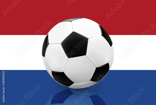 Realistic soccer ball   football on Netherlands flag background. Vector illustration.