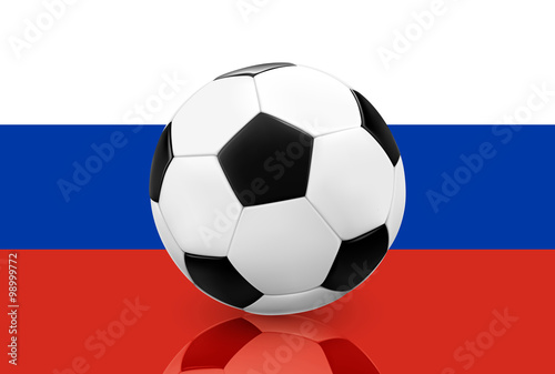 Realistic soccer ball   football on Russian flag background. Vector illustration.