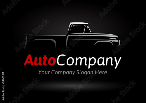 Auto company logo design concept with classic pickup motor vehicle silhouette on black background. Vector illustration...