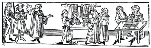 Daily routine of medieval merchant (medieval woodcut) photo