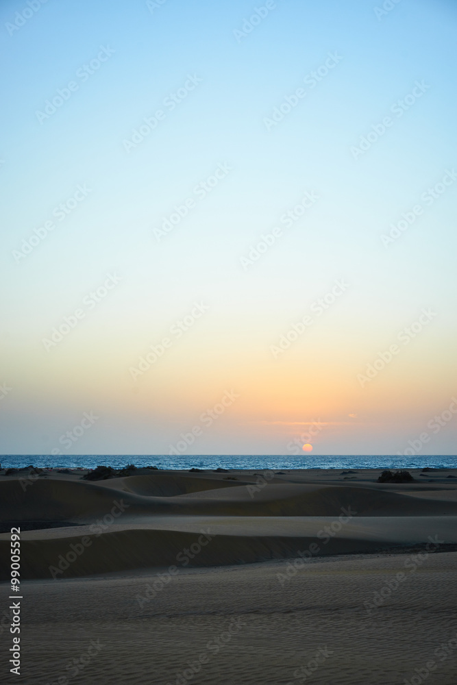 Sunrise over sandy dunes in desert / Sandy and wavy dunes with stylish forms in a wide desert under blue sky