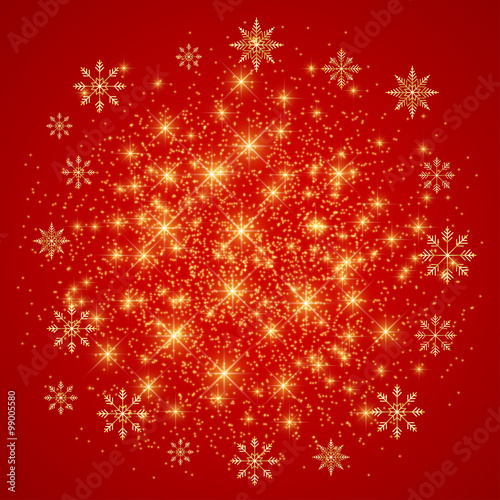 Christmas and Happy New Years on the red background with golden snowflakes . Vector illustration
