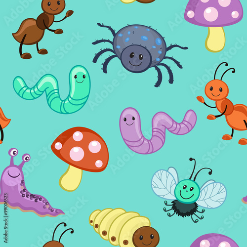 Cute seamless patterns with cartoon happy insects.