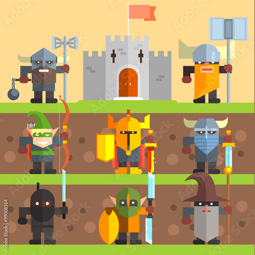 Castle and Knights. Medieval Game Vector Set
