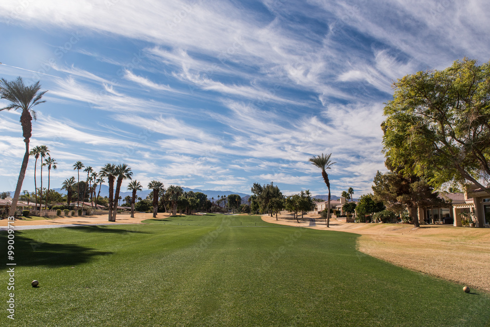 Fototapeta premium Golf fairway is green surrounded by brown rough