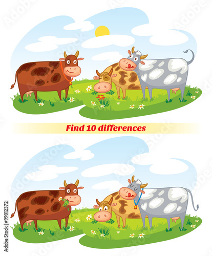 Find 10 differences. A herd of cows grazing in the meadow. Funny cartoon character. Vector illustration. Isolated on white background