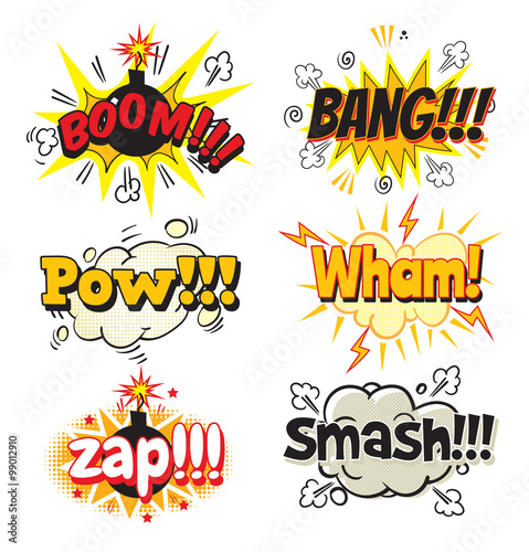 Boom, Bang, Pow, Wham, Zap, Smash! Bubble template for comics. Pop art comics style. Vector illustration. Isolated on white background