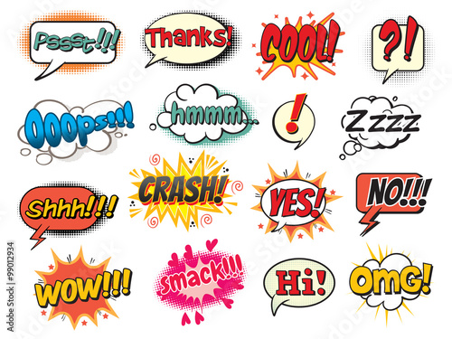 Cool, smack, oops, wow, thanks, yes, no, hi, crash, omg, hmm, psst, shh! Bubble template for comics. Pop art comics style. Vector illustration. Isolated on white background photo