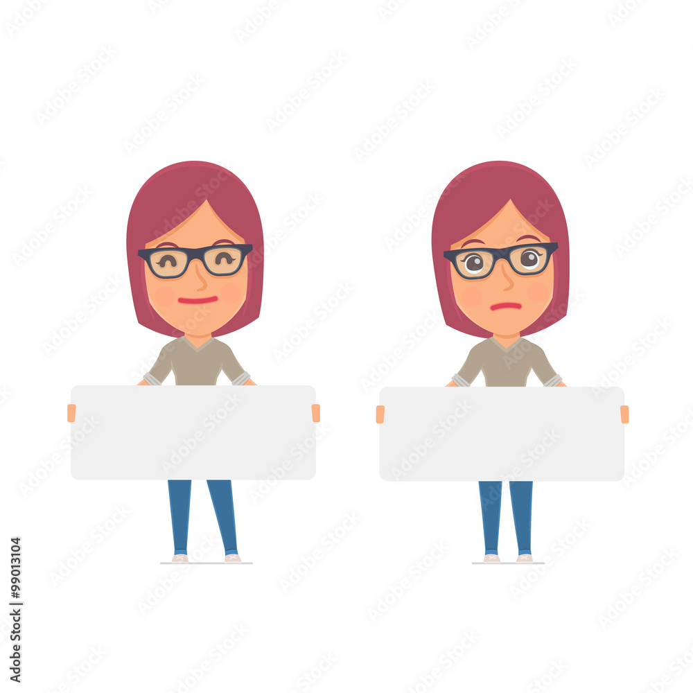 Funny Character Girl Designer holds and interacts with blank for Funny Character Girl Designer holds and interacts with blank for