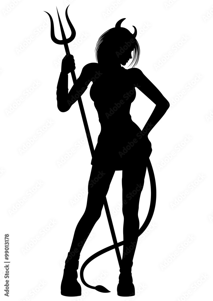 Devil Girl Silhouette Illustration A Woman With A Pitchfork She Has A Tail And Horns Stock