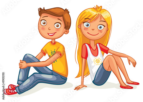 Children sit on the floor back to back. Funny cartoon character. Vector illustration. Isolated on white background