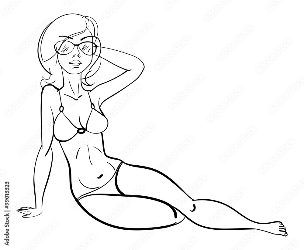 Beautiful girl sunbathing on the beach. Funny cartoon character. Vector illustration. Coloring book. Black and white Beautiful girl sunbathing on the beach. Funny cartoon character. Vector illustration. Coloring book. Black and white