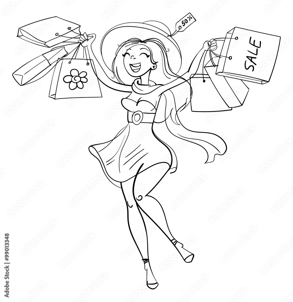 Happy girl with shopping bags in shop. Shopper. Sales. Funny cartoon  character. Vector illustration. Coloring book. Black and white Stock Vector  | Adobe Stock