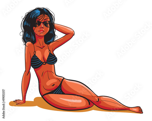 Beautiful girl sunbathing on the beach in black striped bikini. Funny cartoon character. Vector illustration. Isolated on white background
