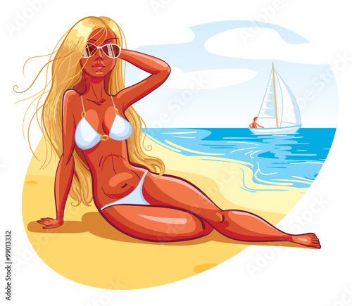 The girl sunbathes on the beach. Funny cartoon character. Vector illustration. Isolated on white background