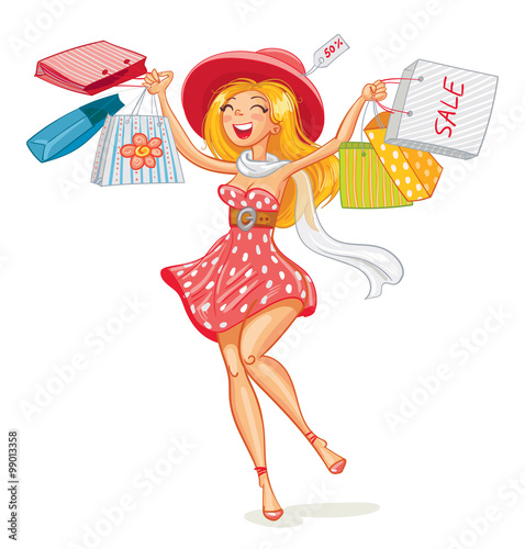 Happy girl with shopping bags in shop. Shopper. Sales. Funny cartoon character. Vector illustration. Isolated on white background