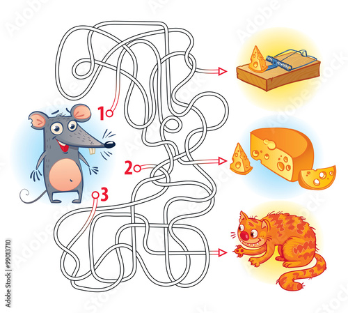 Help the mouse to find the right way in the maze and get the cheese. Maze Game with Solution. Riddles with tangled lines. Funny cartoon character. Vector illustration. Isolated on white background