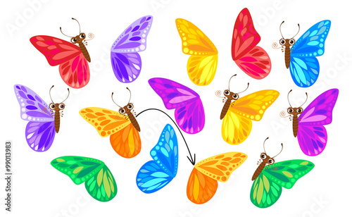 Find a second wing for a butterfly. Children puzzle game. Funny cartoon character. Vector illustration. Isolated on white background