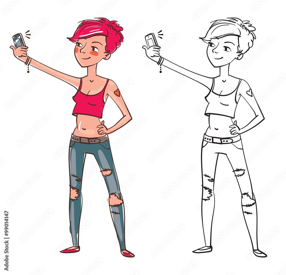 Selfie. Teenager taken pictures of her self. Funny cartoon character.  Vector illustration. Coloring book. Isolated on white background Stock  Vector | Adobe Stock