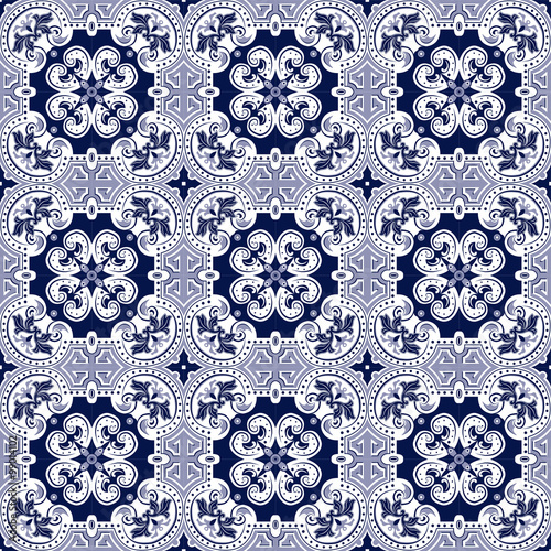 Seamless background image of vintage blue tone spiral round cross dot kaleidoscope pattern. 