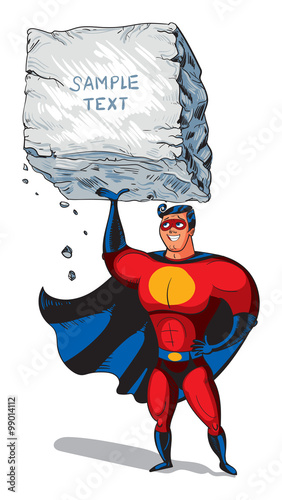Super man raises a big boulder with text. Template ready for your message. Funny cartoon character. Vector illustration. Isolated on white background