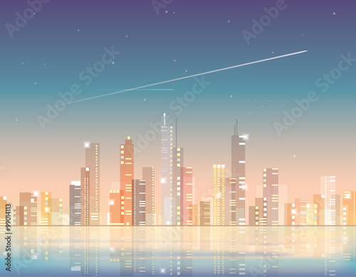 Beautiful abstract city skyline at night with lighted skyscrapers and airplane flights in the sky