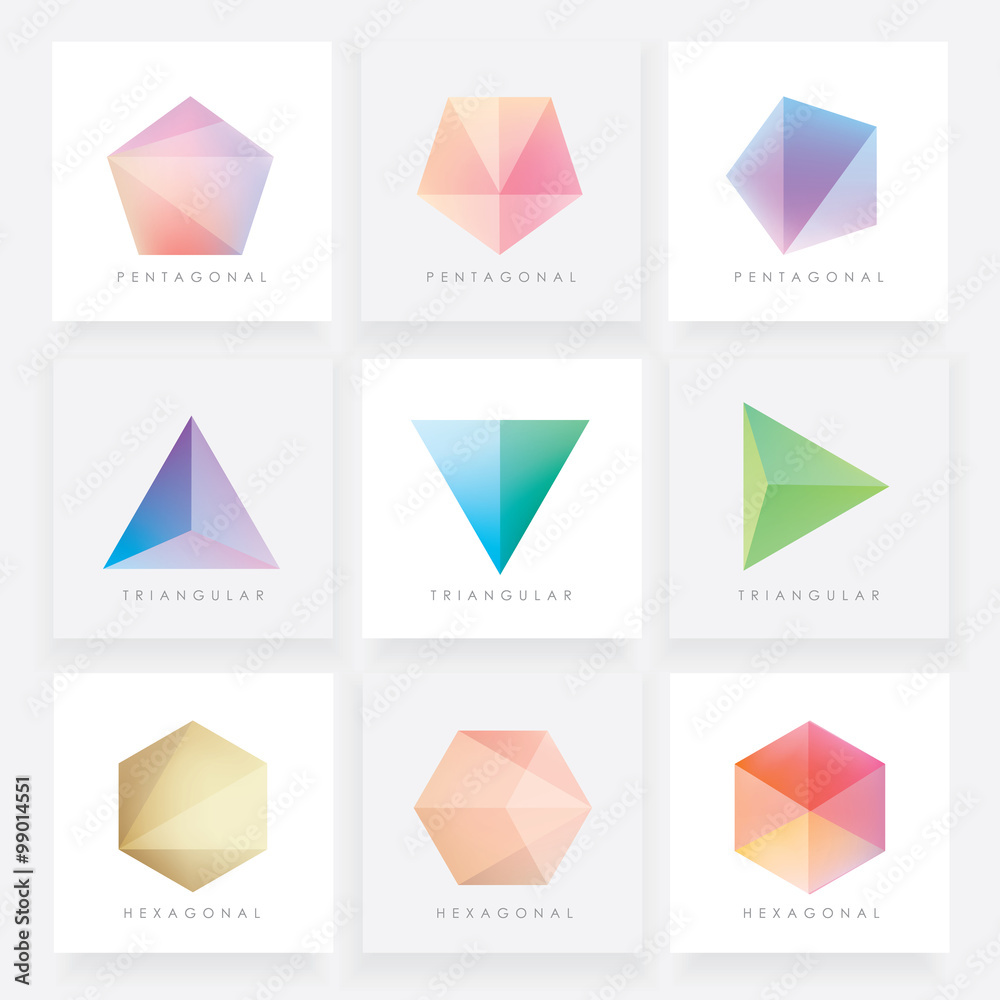 Colorful collection set of soft mesh facet crystal gem logo designs or web elements. Pentagonal, triangular and hexagonal polygon shapes. Colorful collection set of soft mesh facet crystal gem logo designs or web elements. Pentagonal, triangular and hexagonal polygon shapes.