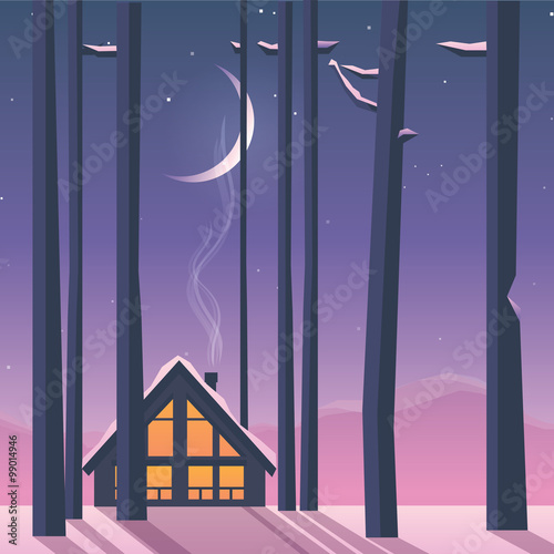 Beautiful tranquil winter landscape scenery with modern warm wooden cabin in a middle of a tall forest trees on a calm cold night