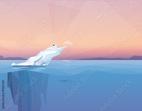 Harp seal on a melting iceberg in the arctic ocean under sunset.