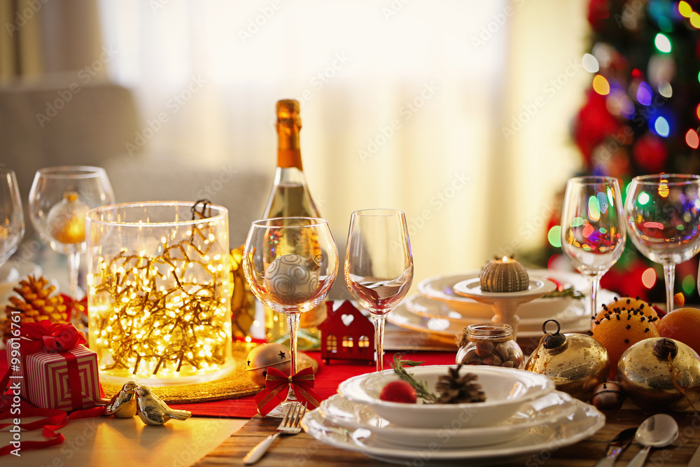 Christmas table setting on light room background