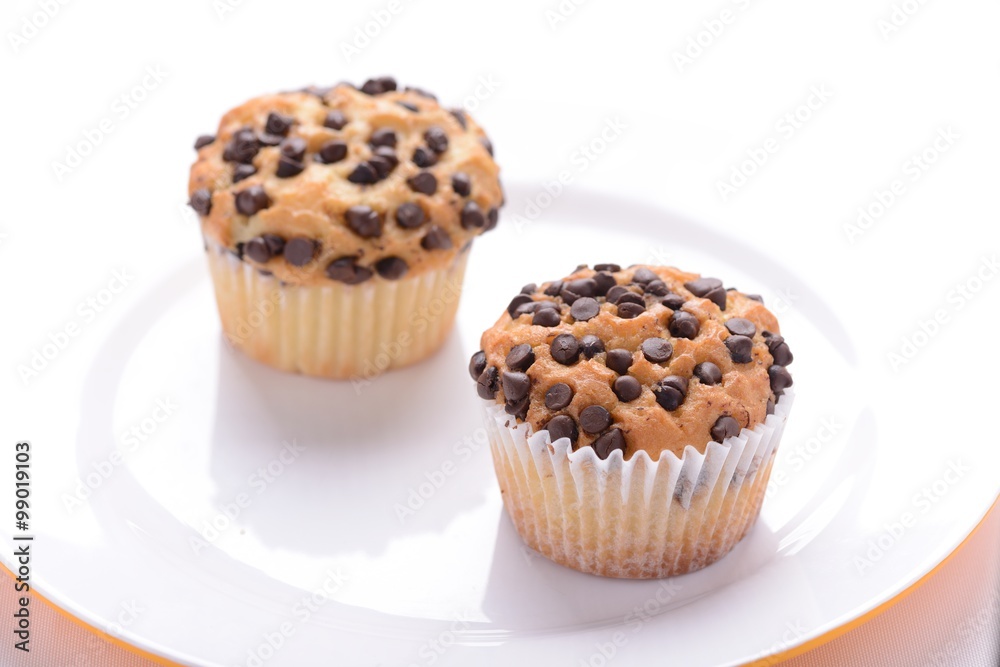 two chocolate chip muffin on a plate