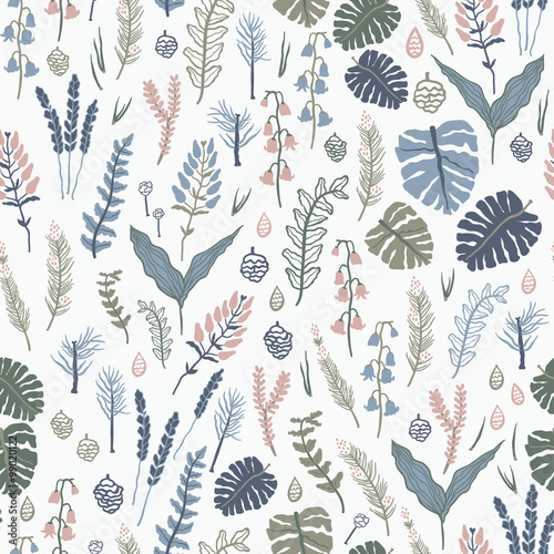 Trendy vector seamless pattern with forest plants, leaves, seeds and cones. photo