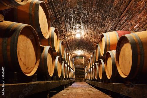 Vászonkép Oak barrels in a underground wine cellar