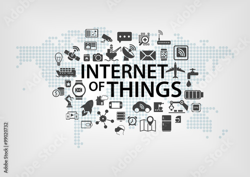 Internet of things (IOT) concept with world map and connected devices as vector illustration with various icons of objects