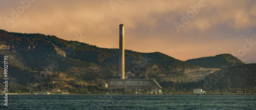 Thermal power plant in Mediterranean Sea Turkey during sunrise