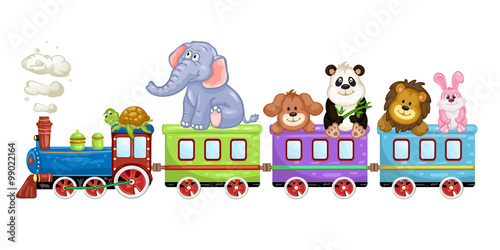 Fototapeta Naklejka Na Ścianę i Meble -  Cute  animals with train over white background.