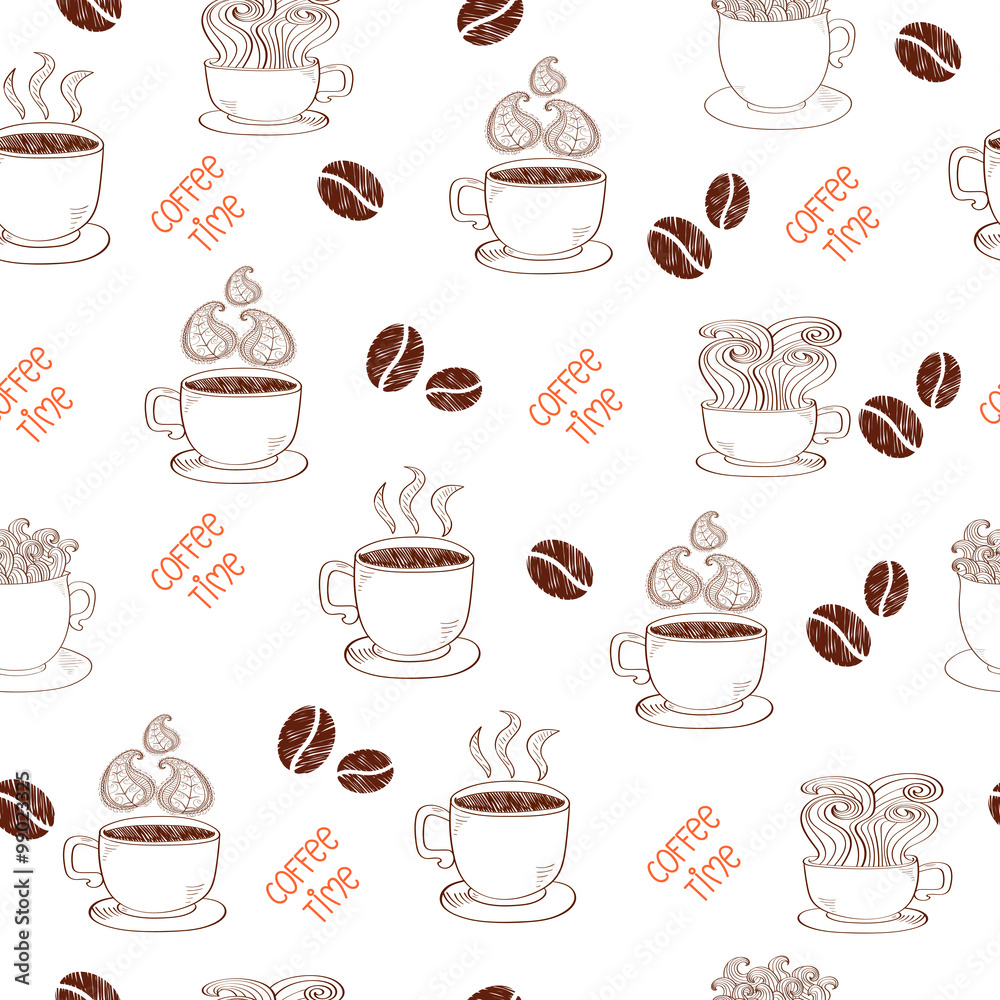 Seamless pattern with coffee cups and beans. Vector doodle background. 