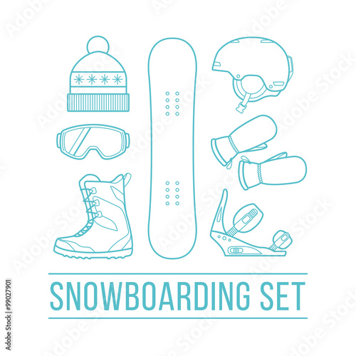 Basic equipment for snowboarding. Set of snowboarding icons.