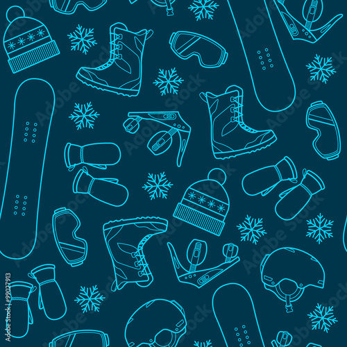 Seamless winter pattern with snowboard equipment in a vibrant, youth style.