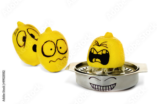 Lemon squeezing with funny emotions - isolated on white