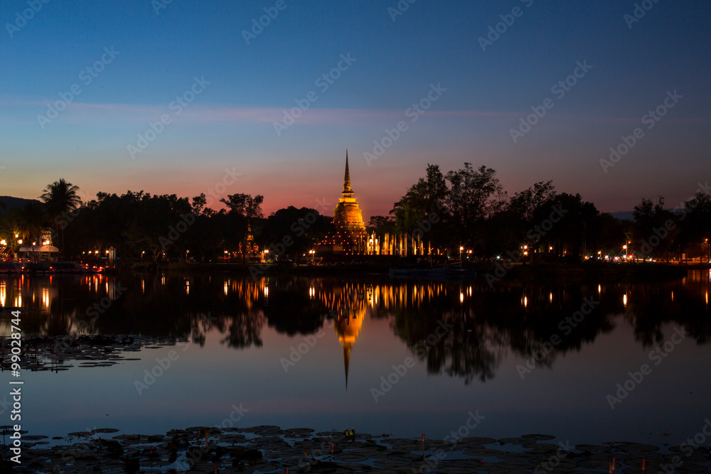 An ancient temple called Wat (temple) Sa Si that was built about 700 years ago, and surrounded by lagoons. The temple is part of the Sukhothai Historical Park, which is now a World Heritage site.