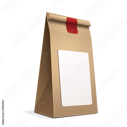 Slim Paper Bag Package With White Label Sticker Of Coffee, Salt, Sugar, Pepper, Spices Or Flour, Filled, Folded, Close, Brown. Ready For Your Design. Snack Product Packing Vector EPS10