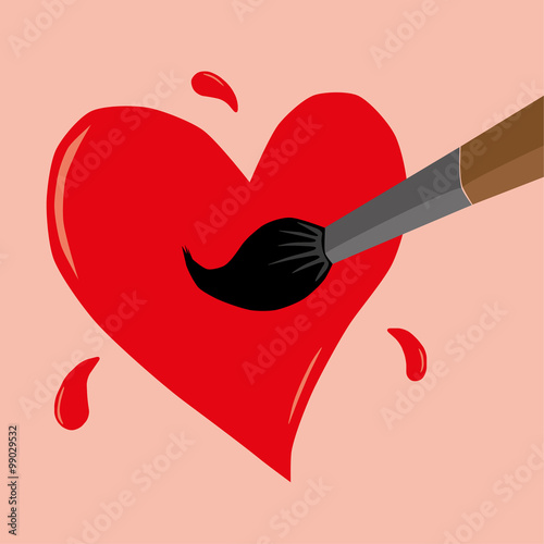 Vector illustration of  a Red Valentines Day Heart being painted on a pink background with an art paint brush