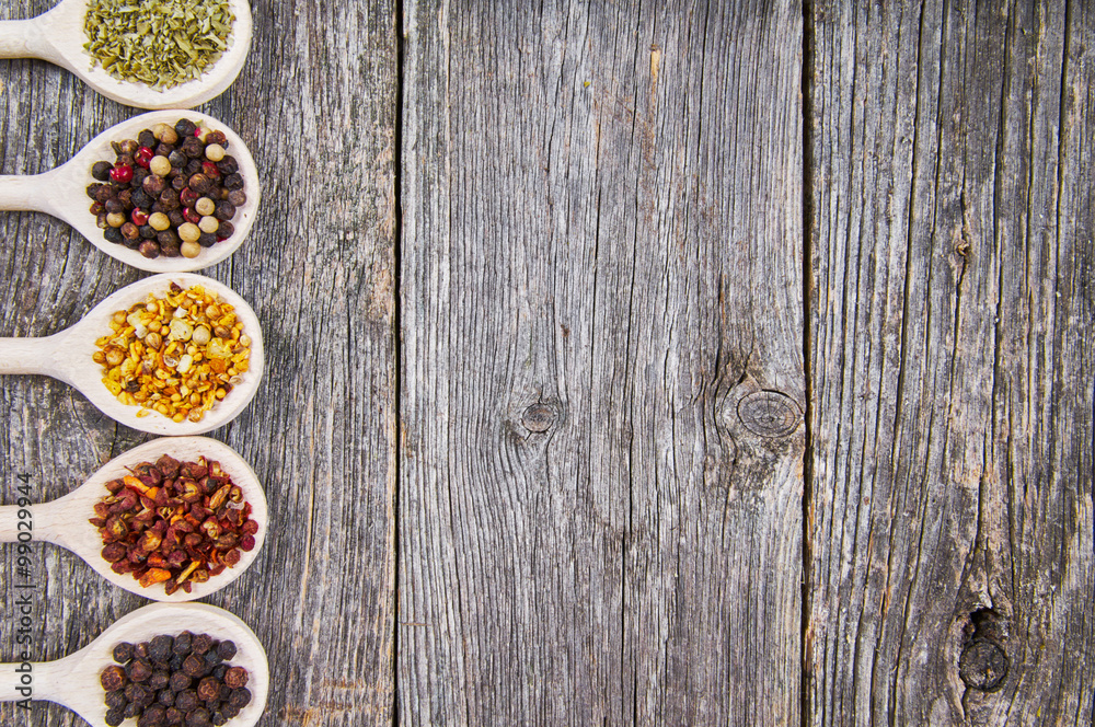 Spices on wooden spoons Spices on wooden spoons