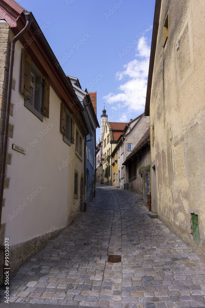 Street view of Rothenburg ob der Tauber, a well-preserved medieval old town in Middle Franconia in Bavaria on popular Romantic Road through southern Germany.