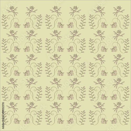 Floral texture  pink leaves  flowers  birds  on a beige background  pastel colors  thin black lines  drawing vector