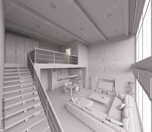 3D Interior rendering of a modern tiny loft