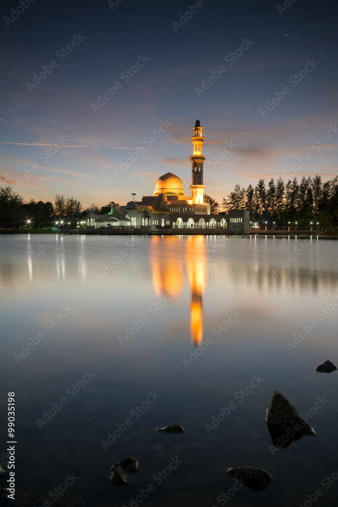 Perfect reflection of a floating mosque Masjid Tengku Tengah Zaharah in Kuala Ibai, Terengganu, Malaysia during sunset Perfect reflection of a floating mosque Masjid Tengku Tengah Zaharah in Kuala Ibai, Terengganu, Malaysia during sunset