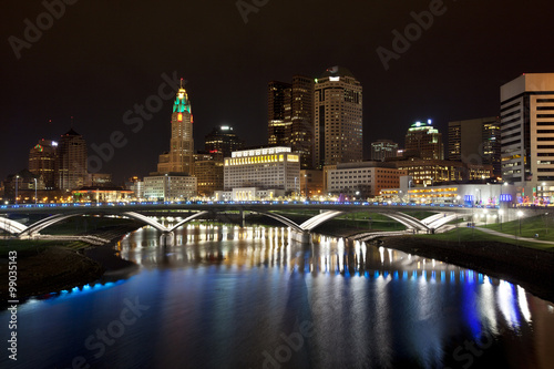 The city of Columbus, Ohio along the new Scioto Greenway at night.